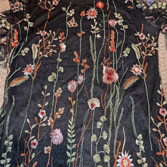 Papillon Black Knee Length Dress,  Embroidered Lace Overlay, sheer sleeve, Small - Picture 3 of 6